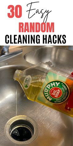 a close up of a sink with cleaning supplies in it and the words easy random cleaning hacks