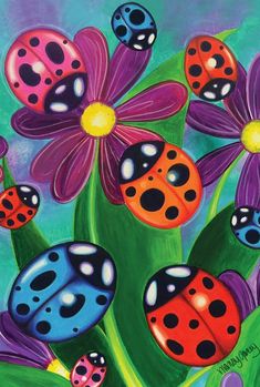 a painting of ladybugs and daisies on a green plant with purple flowers