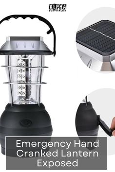 an emergency hand cranked lantern exposed with solar panel on the top and bottom part