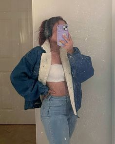 Interested? You can purchase item on my store!✨ Easy Winter Outfit, 1990's Fashion, Crochet Jacket, Denim Color, Blue Denim Jacket, Winter Outfits Women, Sherpa Lined, Colored Denim, Hairstyle Ideas