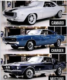 three different cars are shown side by side with the words camaro, charger and mustang