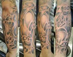 three different views of a man's arm with tattoos on it