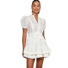 Super Cute New With Tags Never Worn. Just Got It In The Mail And It Was Too Big On Me Size Small. I’m Normally An Xs But Wanted To Try And It Was To Big. (150$ Or Best Offer) White Mini Dress For Garden Party With Short Sleeves, White Short Sleeve Mini Dress For Garden Party, Off White Short Sleeve Mini Dress With Ruffles, Cream Ruffled Mini Dress, Beige Short Sleeve Mini Dress With Ruffles, Bohemian Cream Mini Dress With Ruffles, Off White V-neck Mini Dress With Ruffles, Silver Slip Dress, Cream Mini Dress With Ruffle Hem And V-neck