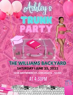 an advertisement for the trunk party featuring a woman in pink swimsuit with luggage and balloons