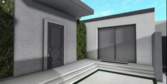 a 3d rendering of a modern house with grass growing on the wall and door to another room