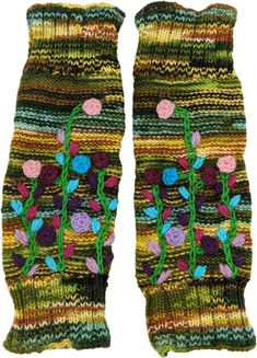 A warm and cozy unisex winter leg warmers with jungle sunset vibes.  These easy-to-wear, comfortable pure wool leg warmers are one-size-fits-all, and can be used by both men and women. #tlb #bohogift #Fall #Floral #Handmade #WoolLegWarmer #UnisexLegWarmer Casual Winter Festival Leg Warmers, Winter Festival Leg Warmers, Handmade Green Socks For Winter, Multicolor Knitted Leg Warmers For Fall, Handmade Green Winter Socks, Casual Multicolor Knitted Leg Warmers, Cozy Multicolor Knitted Leg Warmers, Cozy Knitted Multicolor Leg Warmers, Handmade Casual Socks For Fall