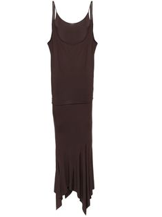 cedar brown lightweight jersey layered effect round neck sleeveless spaghetti straps mid-length ruffle hem Fitted Sleeveless Maxi Dress With Layered Hem, Chic Sleeveless Midi Dress With Layered Hem, Fitted Midi Dress With Layered Hem, Midi Dress Brown, The Attico, Yoko London, City Dress, Summer Beach Wear, Brown Dress