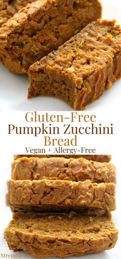 gluten - free pumpkin zucchini bread is cut in half and stacked on top of each other