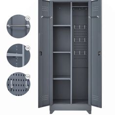 an image of a metal locker with the door open and two shelves on each side