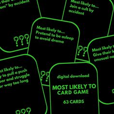 the most likely to card game cards are in green and black, with question marks on them