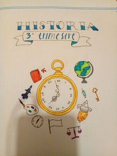 a drawing of a pocket watch with the words history on it and other things around it