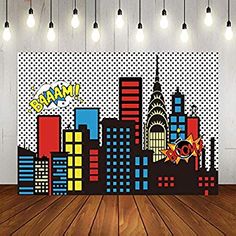 an image of a city skyline with pop art on the wall and wood flooring