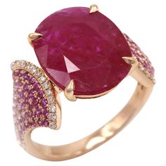 Ring 18K Rose Gold (Matching Earrings Available) Weight 3,9 GMS  Ruby-1/5.13 Cts Pink Sapphire-88/0.6 Cts Diamond-30/0.12 Cts Size 52 Discover the epitome of elegance with our "Radiant Gem Symphony" Ruby Ring. Crafted from 18K rose gold, weighing 3.9 grams, this exquisite piece is designed to elevate your style to new heights. The focal point of this captivating ring is a custom-cut Ruby, a fiery gem weighing an impressive 5.13 carats, commanding attention with its vibrant allure. Surrounding th Traditional Diamond, Ruby Ring, Rings For Her, Modern Jewelry, Pink Sapphire, Cocktail Rings, 18k Rose Gold, Jewelry Branding, Matching Earrings