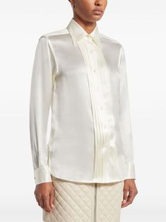 Elegant Silk Shirt For Formal Occasions, White Fitted Silk Shirt, Fitted White Silk Shirt, Classic Silk Blouse For Formal Occasion, Elegant Silk Shirt With Concealed Placket, Elegant White Blouse With Hidden Buttons, Classic White Silk Shirt, White Silk Button-up Shirt, Timeless Silk Shirt For Formal Occasions