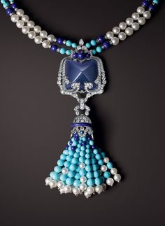 Blue Sapphire, Diamond, Turquoise and Pearl Necklace by Van Cleef & Arpels Tassel Jewellery, Blue Sapphire Diamond, Tassel Jewelry, Gold Necklace Set, Fine Jewelry Collection