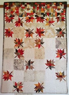 a quilt hanging on the wall with red and orange leaves in it's center