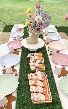 a table topped with cookies and cupcakes on top of green grass