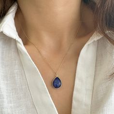 ✔️Genuine Raw Blue Sapphire Necklace✔️   A Good Vibes Necklace to offer as a September Birthstone Necklace. A Real Blue Sapphire Teardrop Necklace.   High-Quality Solid 925 Sterling Silver * Finish: Sterling Silver ∙ 24K Gold   Sapphire Jewelry, Handmade in Greece.   This Sapphire necklace is great for wearing alone or for layering with other necklaces. Moreover, Blue Sapphire is a really powerful crystal. It is the perfect gift for your girlfriend, sister, bridesmaids, or even yourself! 👉A few Sapphire Teardrop Pendant Necklace, Blue Gemstone Teardrop Pendant Necklace, Blue Crystal Pendant Necklace With Clavicle Chain, Sapphire Drop Necklaces For Gifts, Sapphire Drop Necklace For Gift, Blue Teardrop Pendant Necklace For Jewelry Making, Everyday Blue Clavicle Chain Necklace, Blue Sapphire Drop Necklaces, Everyday Sapphire Gemstone Necklace