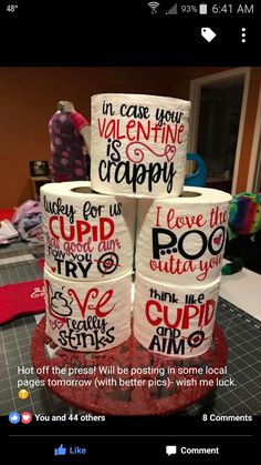 four rolls of toilet paper with the words valentine's cupcakes on them