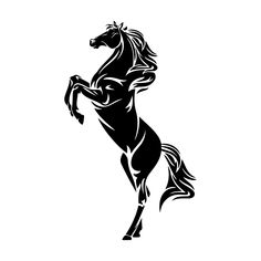 a black and white silhouette of a horse on its hind legs, with it's tail