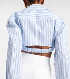 Cotton Tops With Vertical Stripes For Daywear, Chic Pinstripe Cotton Tops, Jacquemus Top, Luxury Designer Striped Tops, Designer Blue Button-up Top, Jacquemus Shirt Dress, Jacquemus Bahia Shirt, Spring Sunglasses, Spring Knitwear