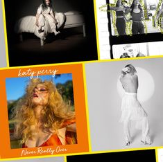 four different pictures with the same woman on them in black and white, orange and yellow