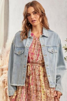 A casual denim jacket with a unique twist to it. There are raw, distressed hemlines throughout the jacket, adding texture to the look. It can be styled closed or opened and is medium weight. Model is 5'10" and wearing her true size Small. Small: Bust 22", Length 25" 80% Cotton, 10% Polyester, 10% Viscose Casual Denim Jacket, Drinking Humor, Animal Books, Denim Jumpsuit, Cardigan Tops, Casual Denim, Bottom Clothes, Small Bust, Skirt Pants