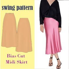 a woman wearing a pink skirt and black top with the words sewing pattern on it