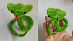 two pictures of someones hand holding a green teddy bear ring