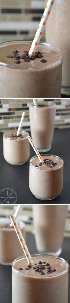 there are three different shots of chocolate milkshakes in glasses with straws on them