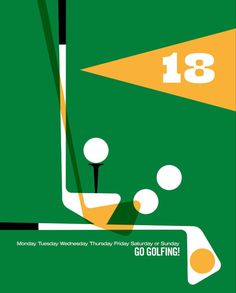 an advertisement for the 18th annual golf tournament, featuring a green and yellow poster with white balls