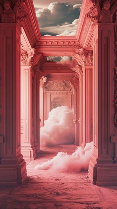 an empty hallway with pink clouds floating in the air