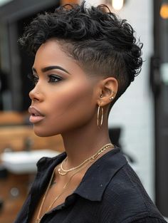 Elegant & Quick Short Haircut Ideas for Black Women Short Hair Pixie Cuts Black Women, Pixie Haircut For Black Women, Curly Pixie Haircuts, Short Shaved Hairstyles, Black Hair Short Cuts, Short Hair Black, Short Hair Images, Shaved Hair Designs