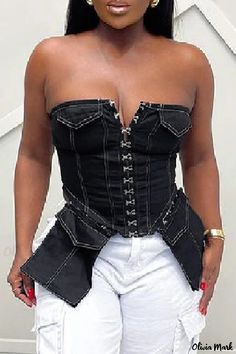 Olivia Mark - Stylish Casual Patchwork Backless Asymmetrical Strapless Top Black Strapless Spring Corset, Black Strapless Corset For Spring, Asymmetrical Neckline, Denim Style, Strapless Tops, Tops Online, Fashion Gallery, Online Tops, Wholesale Fashion