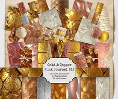 the gold and copper junk journal kit is full of metallic foil, paper, and other decorative items