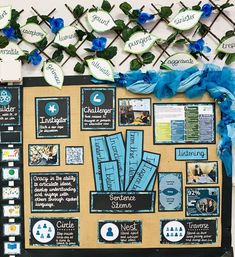 the bulletin board is decorated with blue flowers and green leaves on it's side