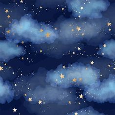 the night sky with stars and clouds painted in watercolor on dark blue paper background