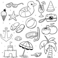 a black and white drawing of beach items