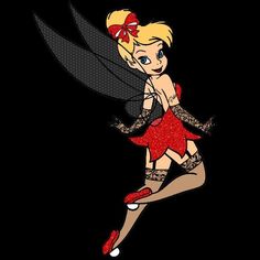 a drawing of a woman in red and black with a fairy on her back, flying through the air