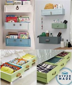 four different pictures of drawers and shelves in the same room, one with books on it