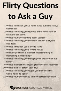 Looking to add some fun and spark into your conversations? These flirty questions to ask a guy are perfect for when you’re looking to take things to the next level. Whether it’s someone you’re seeing or someone you’re interested in, these questions will show your interest in a flirty way.   Save this pin for later and try out these questions on your next date night! Good Convo Starters, Flirty Questions To Ask, Questions To Ask A Guy, Pick Up Line Jokes