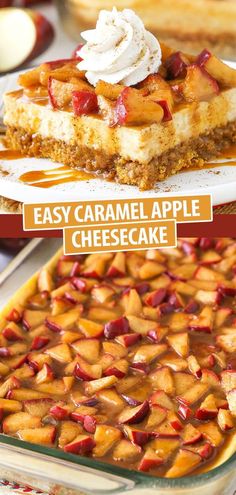 This Easy Caramel Apple Cheesecake recipe is perfect for Fall baking! Made with cinnamon cheesecake and homemade caramel apple topping, it’s a heavenly recipe full of Autumn flavors! Fall Snacks And Desserts, Good Fall Meals, Easy Yummy Fall Desserts, Apple Pumpkin Cheesecake, Baking Recipes Fall Desserts, Fall Baking Easy Recipes, Fall Apple Baked Goods, Fall Holiday Baking, Fall Desserts For Thanksgiving