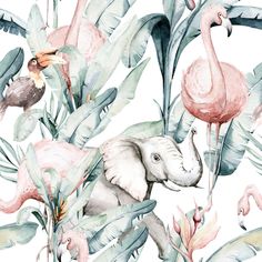 watercolor painting of pink flamingos and tropical plants