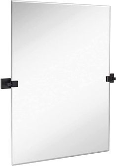 a bathroom mirror with black handles on the front and back sides, against a white background