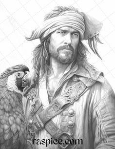 a drawing of a man with a parrot on his shoulder