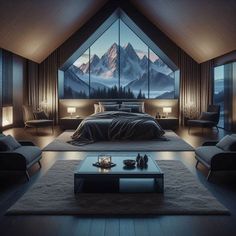 a bedroom with mountains in the background and a large window on the wall above it