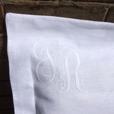 Personalised White Linen Pillowcase With Embroidered Monogram Corner Embroidery, Monogram Pillowcase, Royal School, Big Pillow, Monogram Letter S, Living In France, Embroidery Items, Hotel Pillows, Monogram Ideas