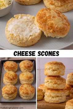 some biscuits and cheese scones are on a baking sheet next to another photo with the same biscuits