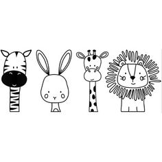 three different animals and one zebra are drawn in the same line on a white background