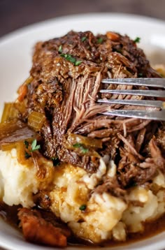 a white plate topped with meat and mashed potatoes covered in gravy next to a fork